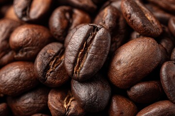 Obraz premium Fresh roasted coffee beans create a rich and aromatic background for coffee enthusiasts and culinary creations at a local cafe