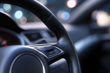 Close-up of a steering wheel in a modern car, focus on technology and control. Driving, automotive.