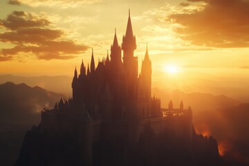 Naklejka premium Majestic castle silhouette against a stunning sunset over distant mountains