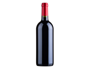 A horizontally positioned wine bottle featuring a red capsule top, resting gently