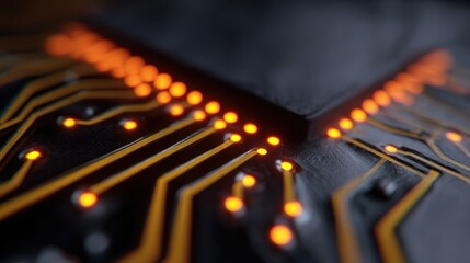 Abstract background of glowing circuit lines on a motherboard, core of gaming hardware. Performance, intricate. Dark, vibrant.