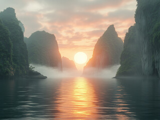 Sunset over Mossy Karst Cliffs in Thailand's Tranquil Waters