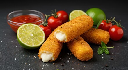 Mozzarella sticks with tomatoes and lime on slate