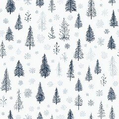 Obraz premium Minimalist seamless winter forest pattern with pine trees and snowflakes, monochrome modern design