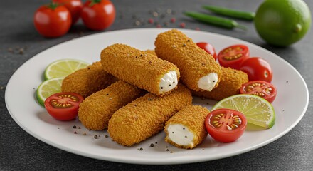 A plate of fried mozzarella sticks with garnish