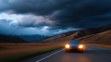 Speeding vehicle on open country road with dramatic sky and mountains in background