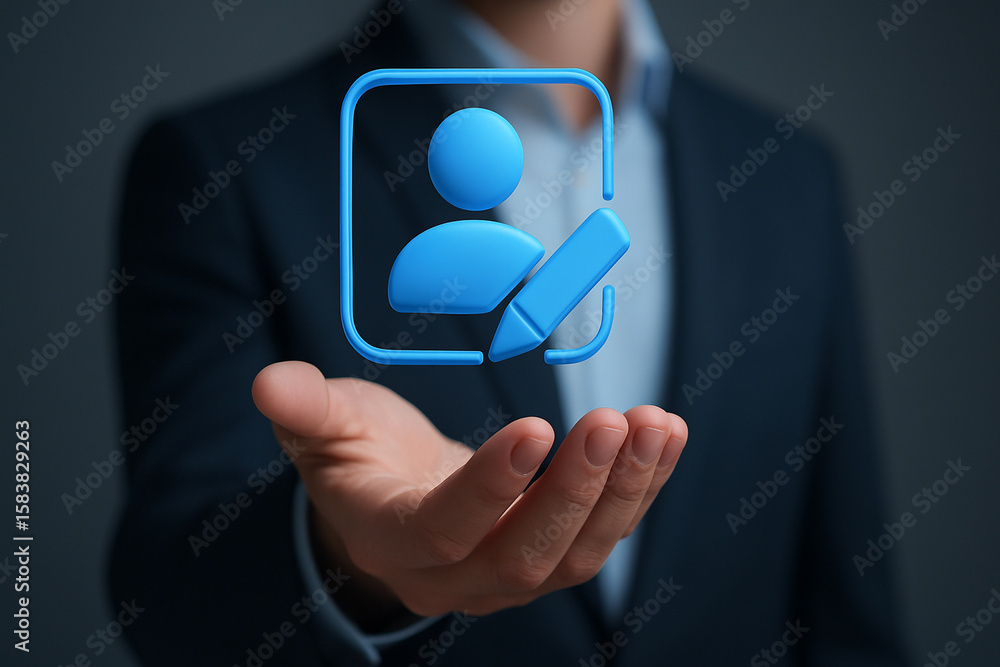 Poster professional businessman holding floating 3d profile edit icon with hand, modern digital interface c