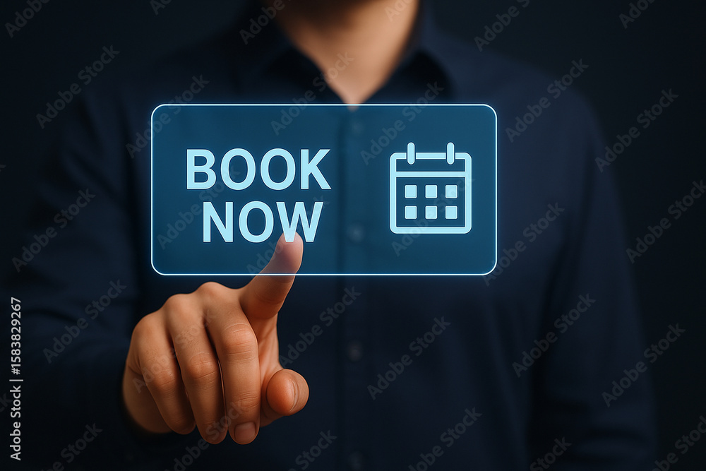 Poster man touching digital book now button with glowing calendar icon for online reservation or appointmen