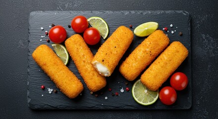 Fish sticks with tomatoes and lime on black slate