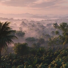 Enchanting misty landscape, lush jungle canopy at sunrise painting a serene scenic vista