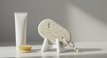 Body care set: Pampering and natural body care set with pumice stone, brush, and tube of lotion.  Perfect for spa or bathroom setting.