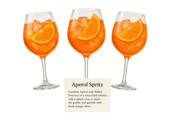Three vibrant Aperol Spritz cocktails with recipe, isolated on transparent background