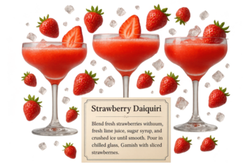 Strawberry daiquiri drinks with recipe, fruit, ice, isolated subject.