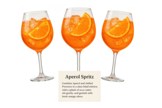 Three vibrant Aperol Spritz cocktails with recipe, isolated on transparent background
