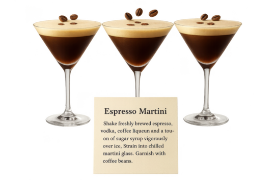 Three elegant espresso martinis with recipe card isolated on transparent background