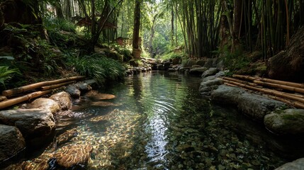 Tranquil stream flowing through lush bamboo forest with rocks and clear water showcasing a serene