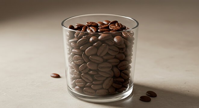 Aromatic Coffee Beans in Glass: A visual of rich brown coffee beans fills a glass, offering an invitation to the pleasures of a perfect cup. The simple presentation suggests the freshness and quality.