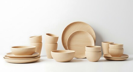 Elegant Ceramic Tableware Array: A meticulously arranged collection of pristine ceramic dishes, cups, and bowls showcases timeless elegance. Capturing the artistry of handcrafted design.