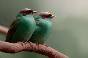 A pair of rare birds perched on a branch, symbolizing biodiversity and fragility. Wildlife, unique. Detailed.