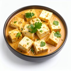 Tofu curry with cilantro garnish in a black bowl, studio shot on white background