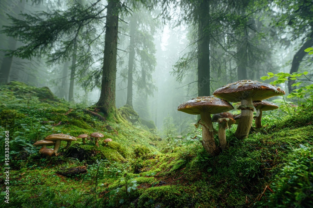 Poster mystical forest with wild mushrooms surrounded by tall trees and dense mist creating an enchanting a