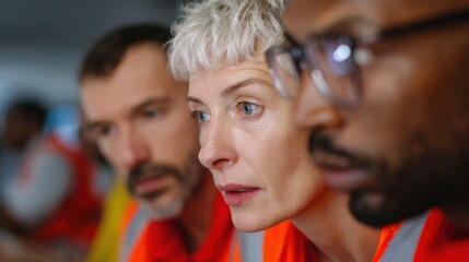 A group of diverse volunteers coordinating relief efforts in a command center. Organization, teamwork. Focused.