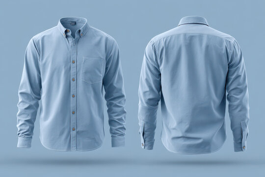 Casual business button-up shirt mockup showcasing front and back design in a solid light blue fabric with button details, well-suited for various professional settings - Powered by Adobe