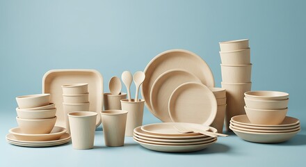Eco-Friendly Disposable Dinnerware Set: A complete set of elegant, eco-friendly disposable dinnerware, including plates, bowls, cups, and utensils, arranged against a soft blue backdrop.