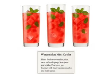 Three vibrant watermelon mint cooler drinks, isolated on transparent background.