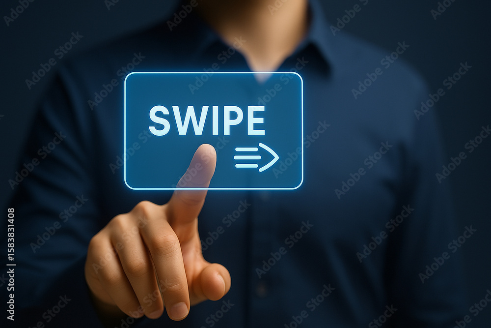 Poster modern hand pressing glowing swipe icon button on virtual screen for digital interface, subscription