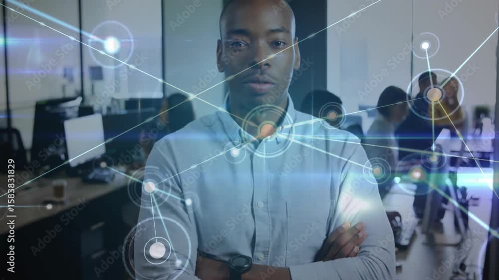 Poster office professional receiving holographic circle then network nodes linking for data sharing