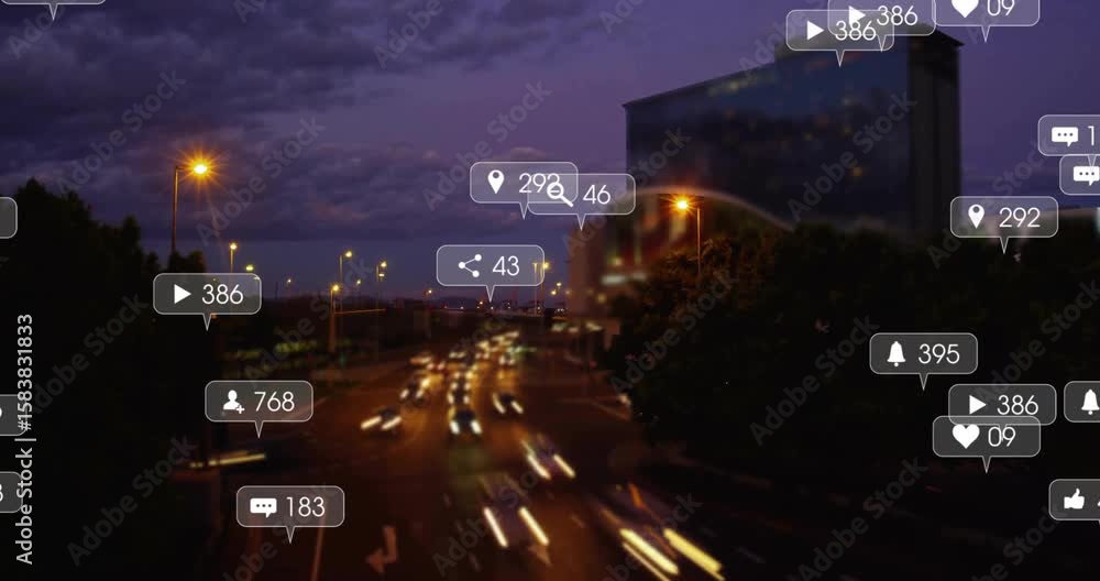 Aufkleber opening dusk street adding engagement icons appearing updating counts shrinking visualizing metrics