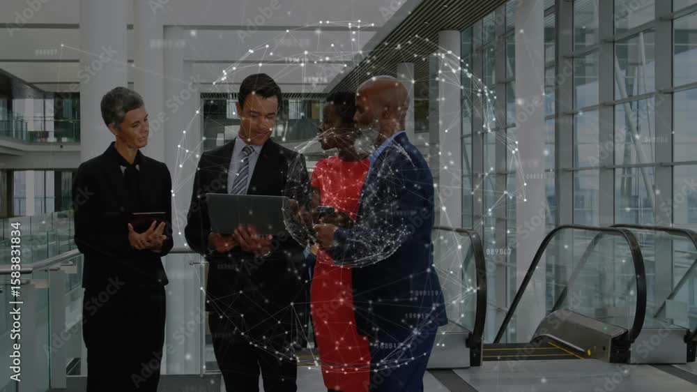 Poster business colleagues engaging with materializing data globe and analyzing connections on tablet
