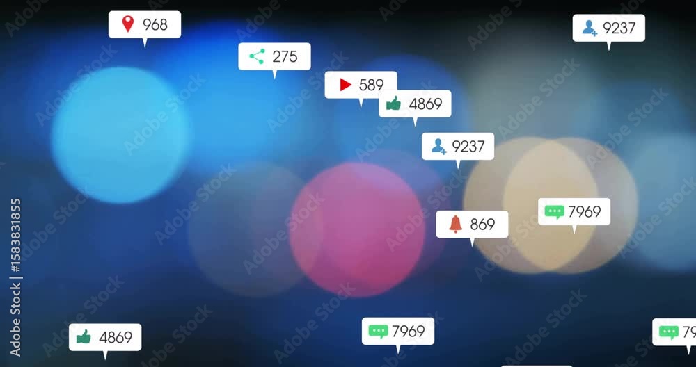 Poster blurred bokeh background with notifications appearing, floating and updating counts for engagement
