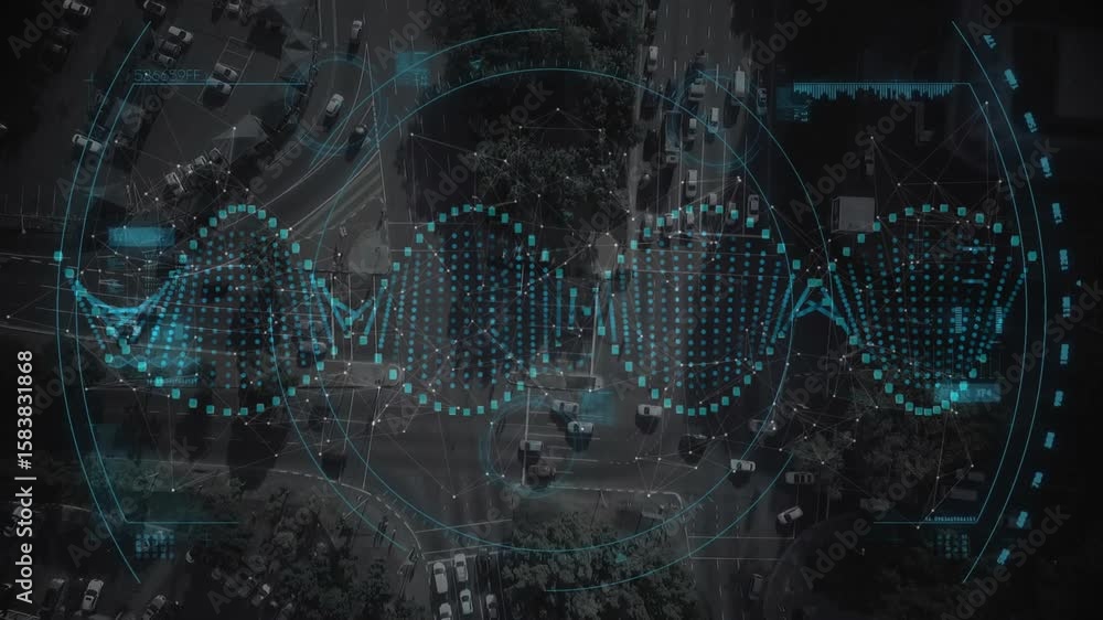 Poster data wave emerging from left edge pulsing under rotating grid overlay to visualize traffic flow