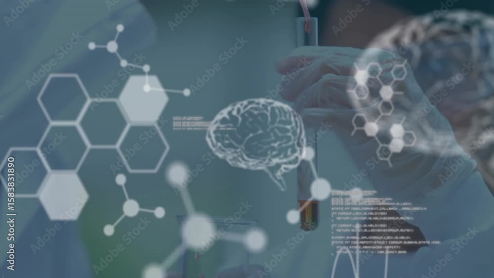 Poster scientist gloved hands steadying test tube adding red fluid showing rotating brain model in bio lab
