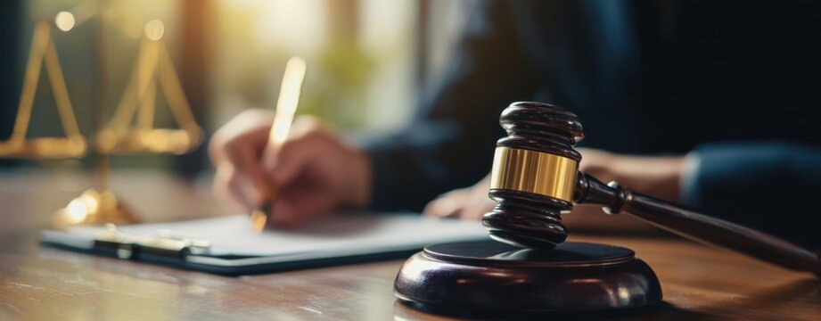 The gavel and legal paperwork symbolize the justice process in a court setting.