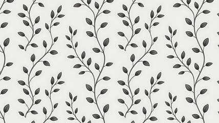 Seamless pattern of delicate grey branches with oval leaves on a light background