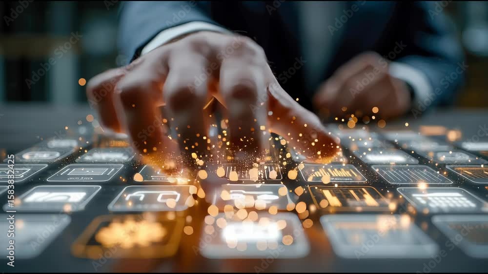 Poster a close-up of a businessman hand interacting with glowing digital data icons on a futuristic touchsc