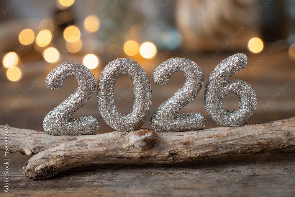 Poster sparkling silver 2026 numbers displayed on rustic wood with warm bokeh lights in the background for 