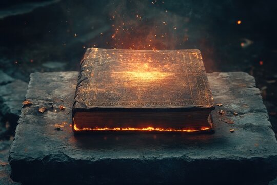 An ancient book surrounded by glowing embers on a stone surface in a dimly lit environment