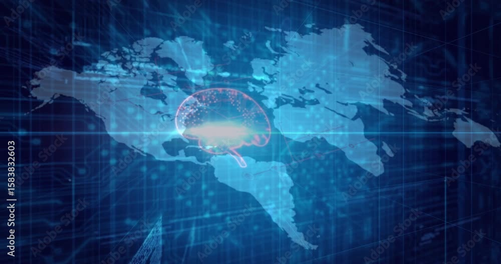 Aufkleber light appearing over world map, data streams forming brain outline and lighting nodes activating