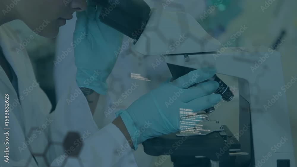 Aufkleber researcher adjusting microscope focus while molecular code overlay guiding sample analysis by team
