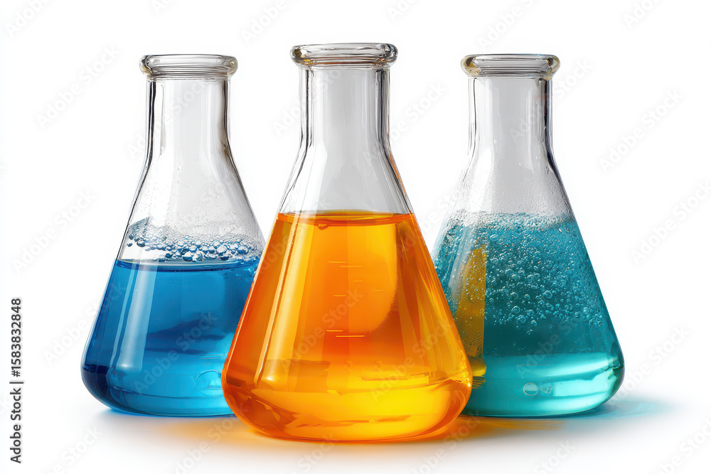 Poster colorful laboratory glassware containing vibrant liquids in various flasks arranged on a clear surfa