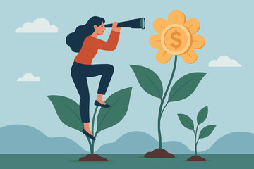 Investment and savings growth concept. Woman with telescope sees future financial profit. Growing wealth, banking forecast, earning income, mutual fund return metaphor.