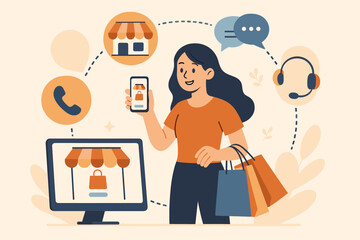 Omnichannel marketing concept. A female customer with shopping bags buying from a multi-channel store. Seamless e-commerce experience via website, mobile, and retail.