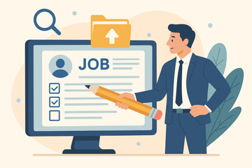 Fototapeta premium Businessman filling online job application form. Career and employment submission concept. Candidate recruitment and job search. Resume and CV document upload vector illustration.
