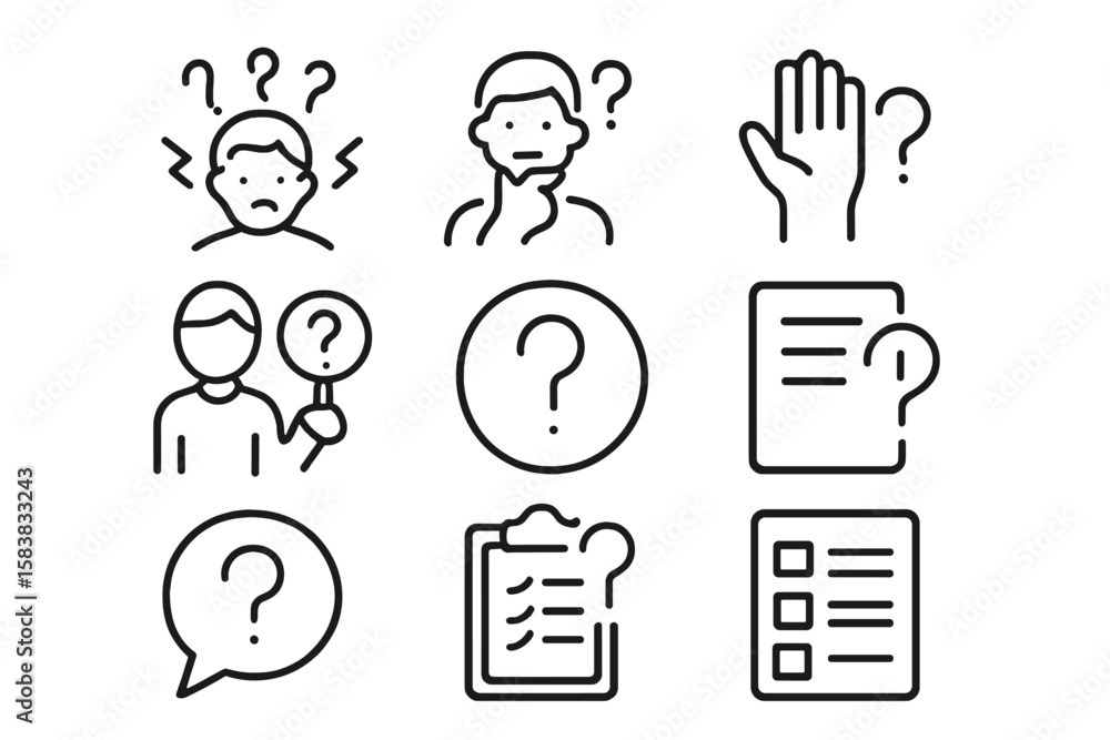 Poster question and confusion line icon set, problem solving, asking and questioning symbols, survey and in