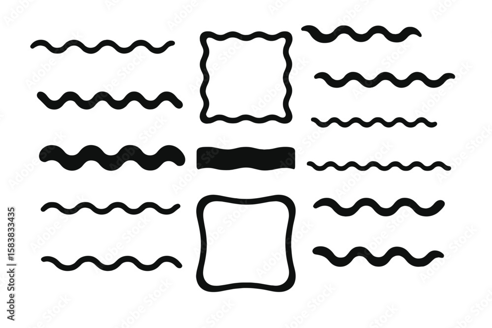 Poster set of black wavy lines, borders, and frames. collection of abstract curve shapes and dividers for g