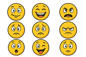 Set of cartoon emoticons with various emotions. Smiley faces showing happiness, sadness, anger, and surprise. Vector illustration pack of emotional character icons for design.